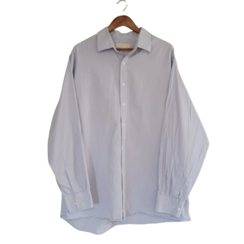 MICHAEL MICHAEL KORS Mens Blue Striped Button Front Shirt Size 18 36/37 Tall Top